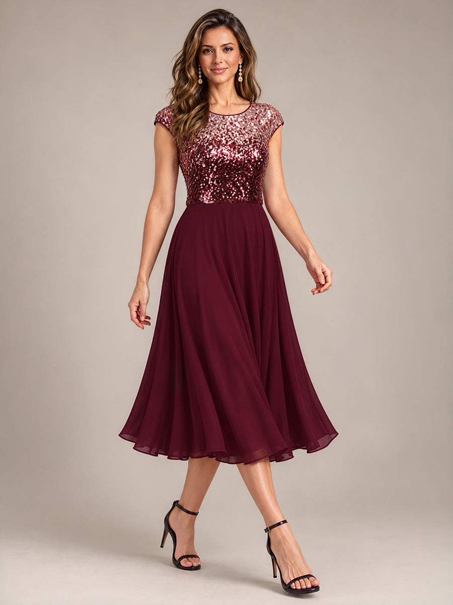 Sequin Cap Sleeve Round Neck Wedding Guest Dress #color_Burgundy Pink