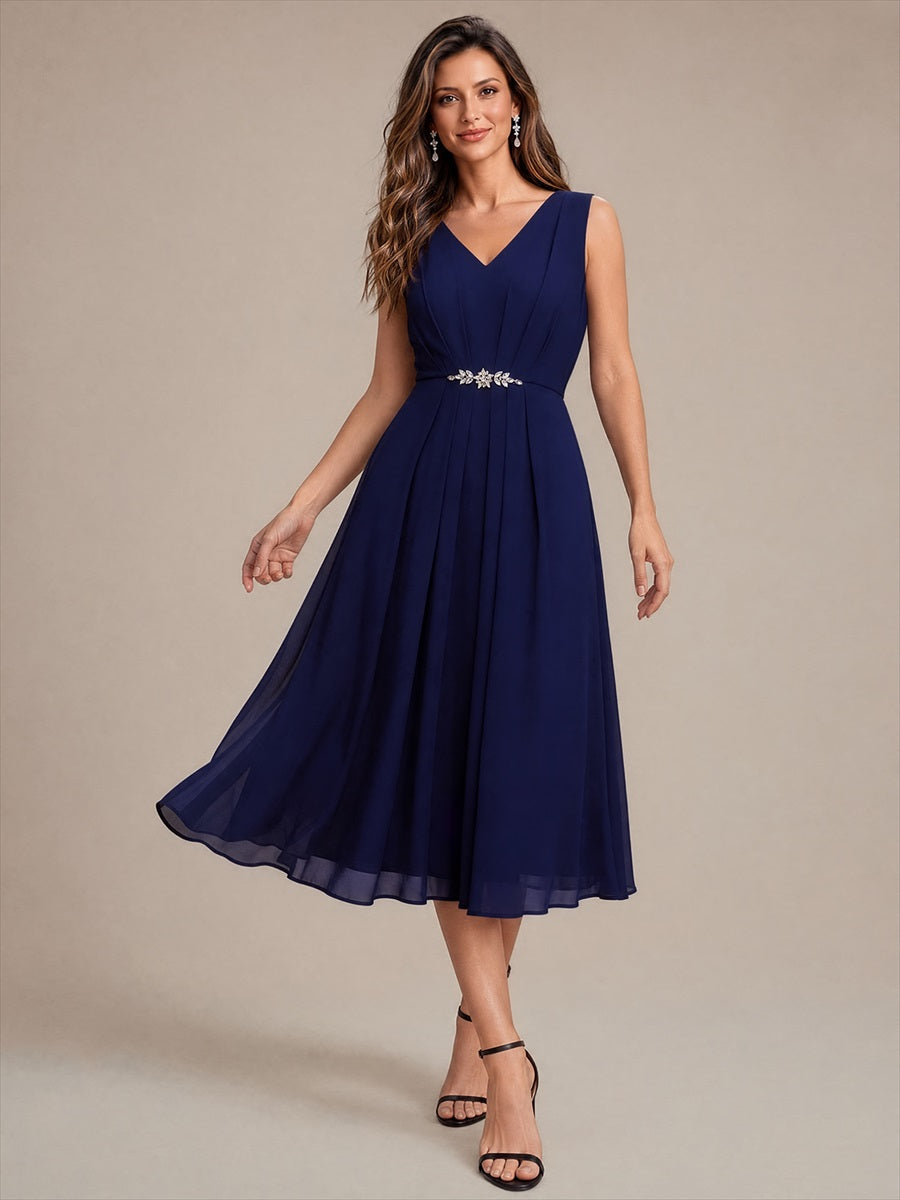Chiffon Sleeveless Midi Wedding Guest Dress #color_Navy Blue