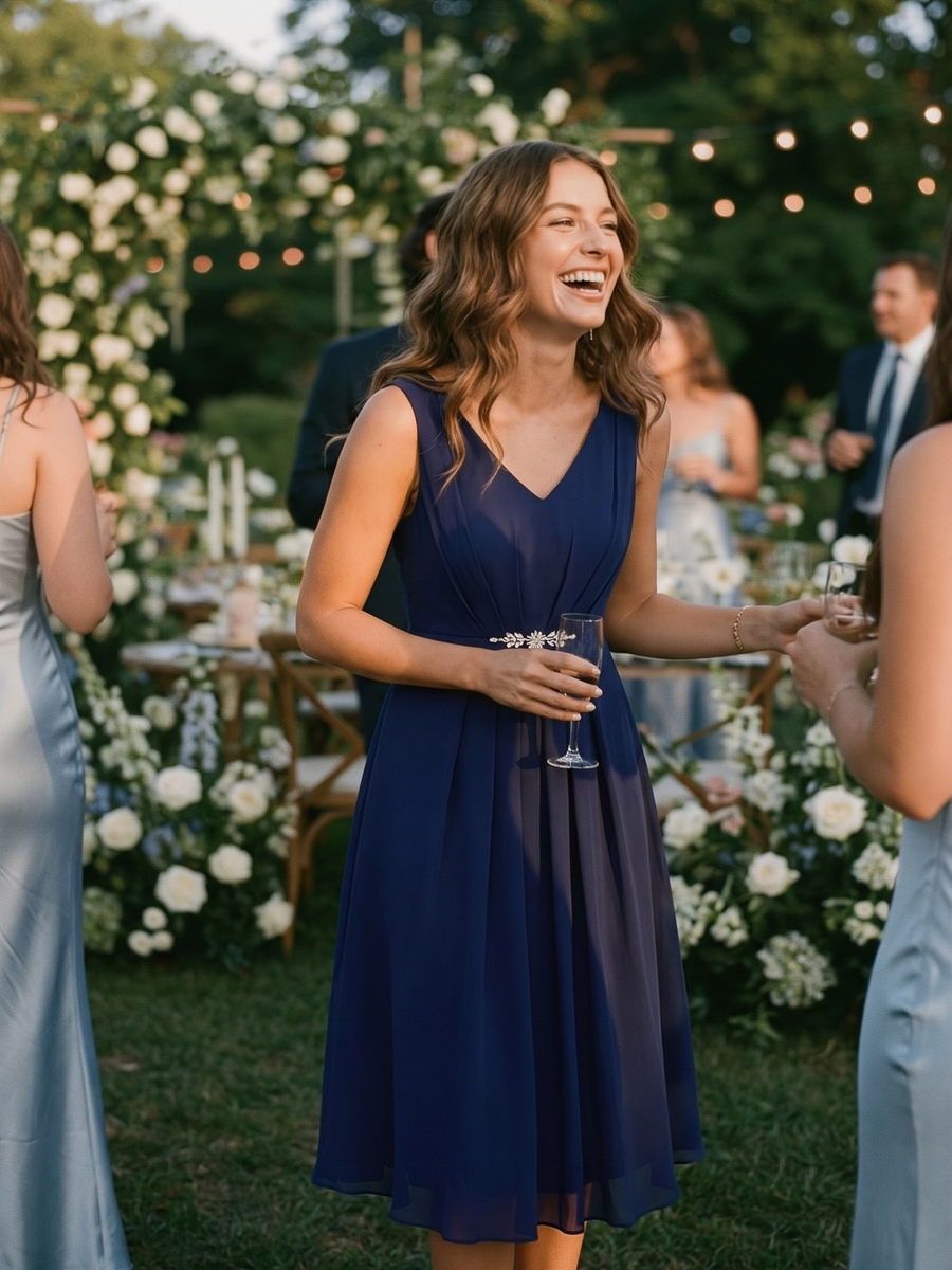 Chiffon Sleeveless Midi Wedding Guest Dress #color_Navy Blue