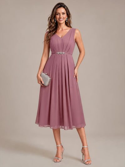 Chiffon Sleeveless Midi Wedding Guest Dress