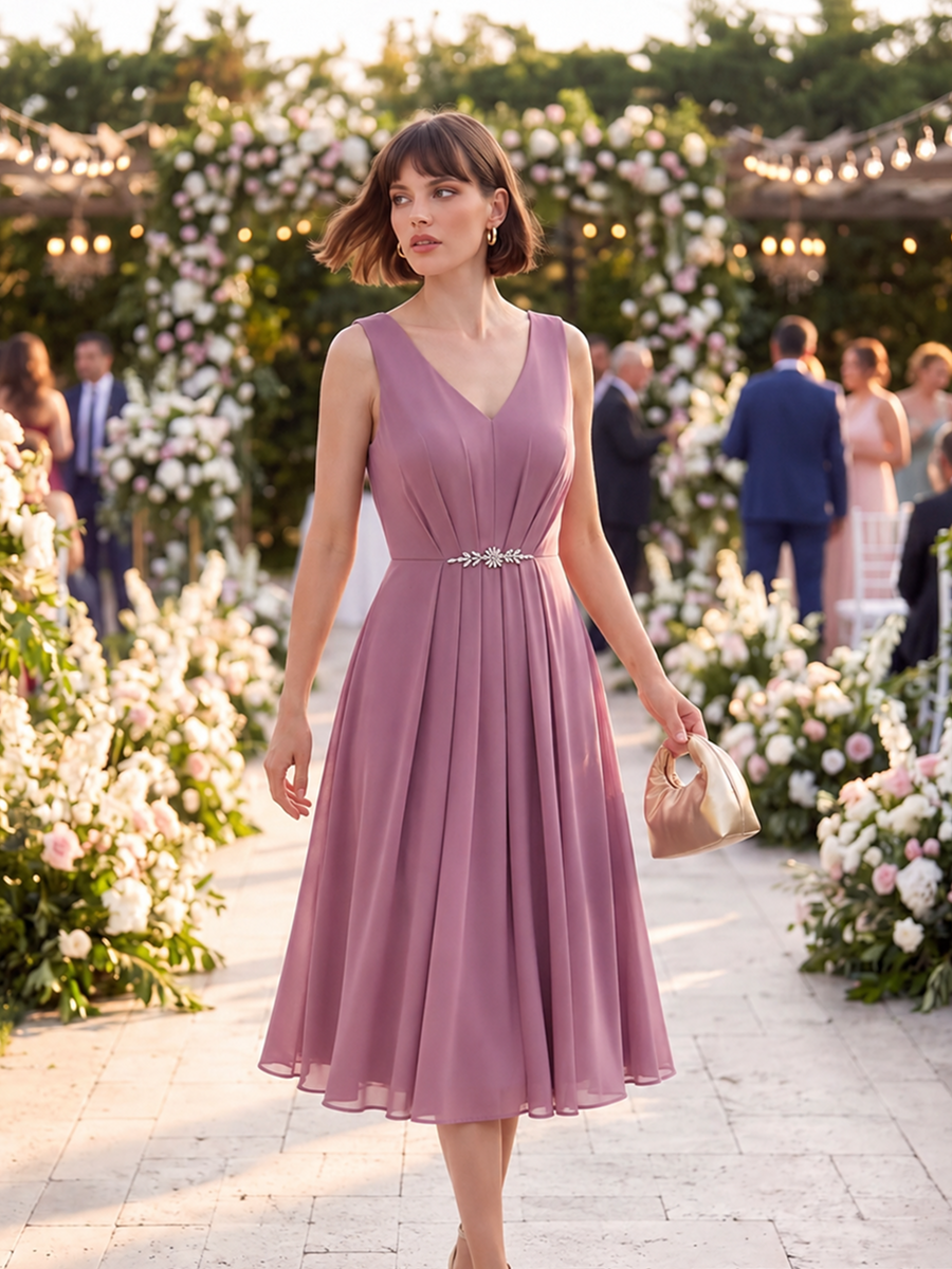 Chiffon Sleeveless Midi Wedding Guest Dress #color_Purple Orchid