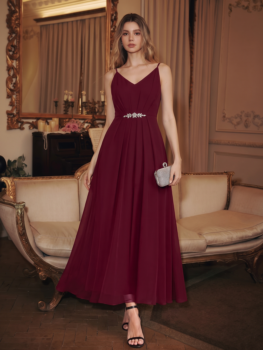 Chiffon Sleeveless Full Skirt Wedding Guest Dress #color_Burgundy
