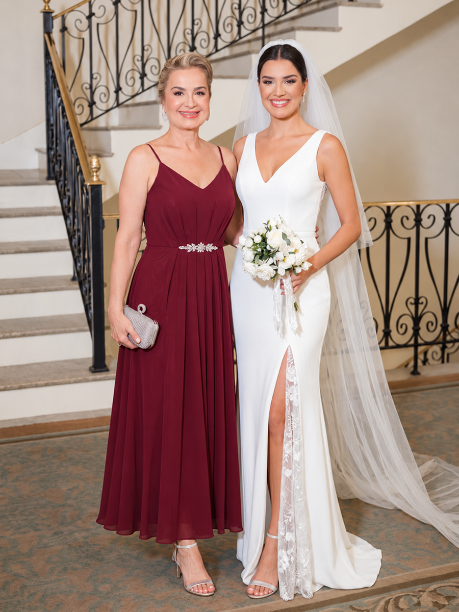 Chiffon Sleeveless Full Skirt Wedding Guest Dress #color_Burgundy