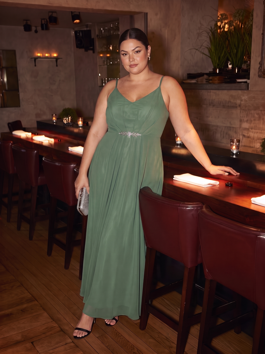 Chiffon Sleeveless Full Skirt Wedding Guest Dress #color_Eucalyptus