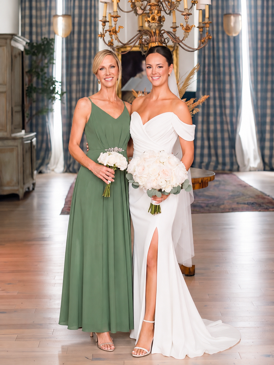 Chiffon Sleeveless Full Skirt Wedding Guest Dress #color_Eucalyptus