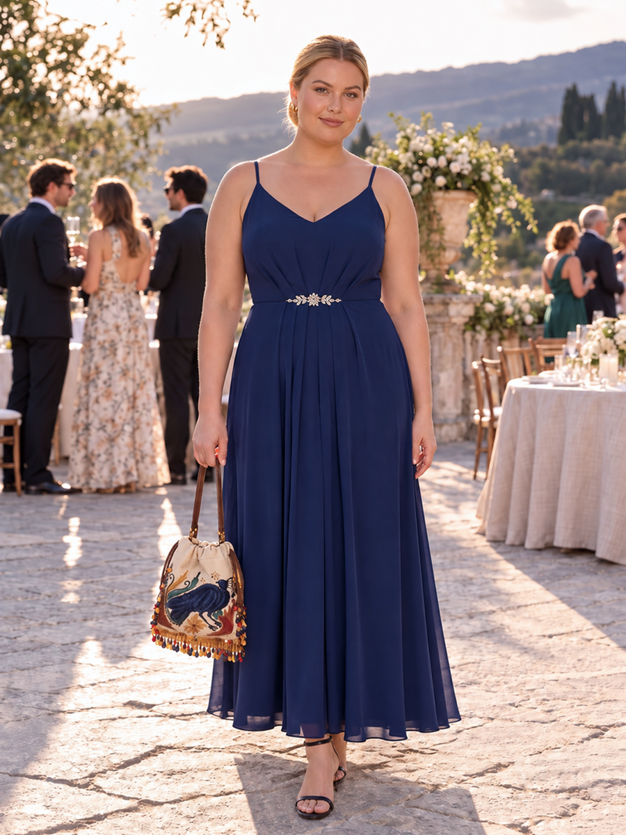 Chiffon Sleeveless Full Skirt Wedding Guest Dress #color_Navy Blue