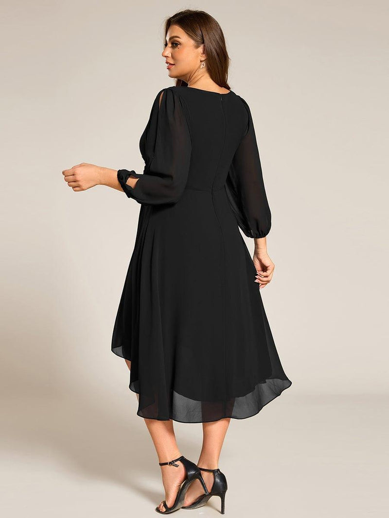 Plus Size Chiffon Midi Dress with Flowy Long Sleeves and Waist Applique