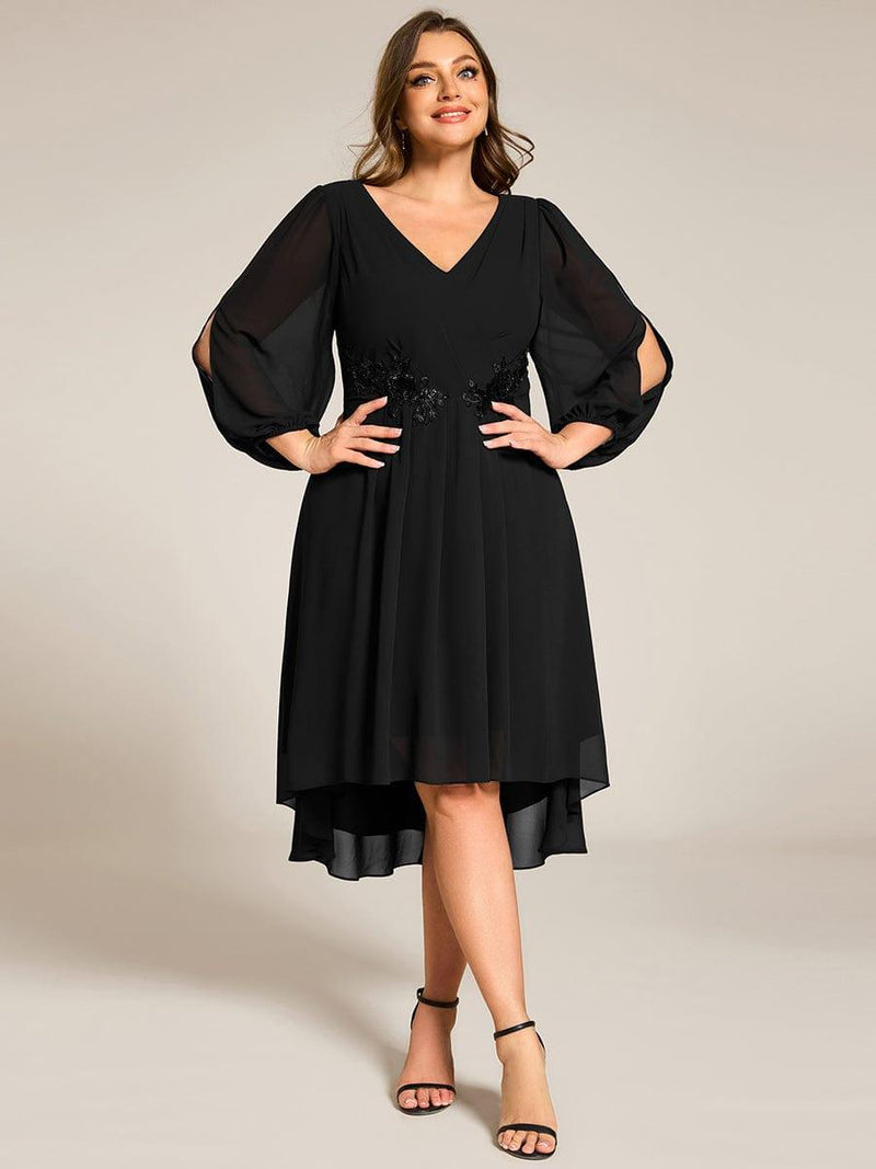 Plus Size Chiffon Midi Dress with Flowy Long Sleeves and Waist Applique