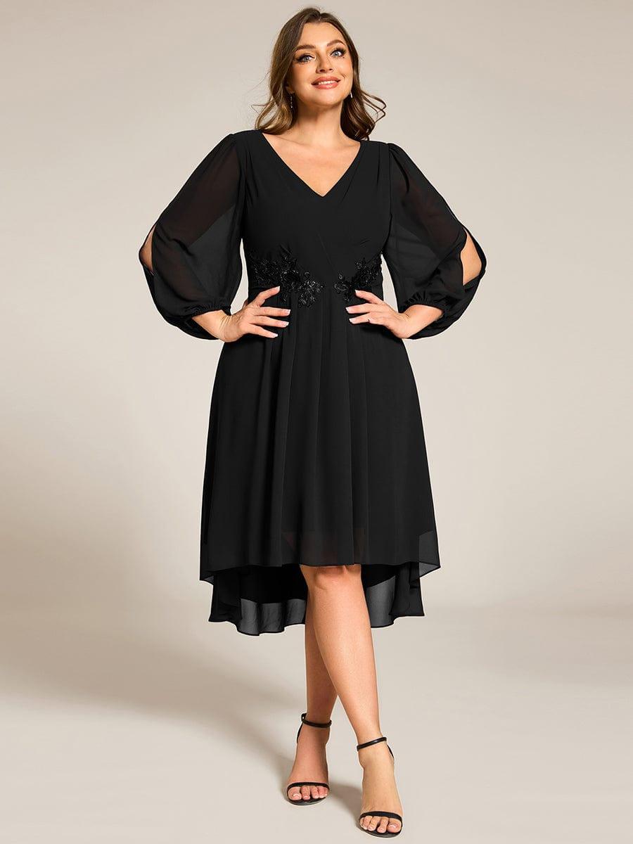 Plus Size Chiffon Midi Dress with Flowy Long Sleeves and Waist Applique