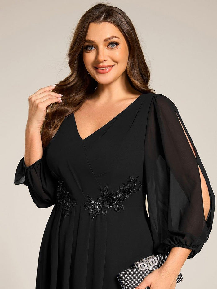 Plus Size Chiffon Midi Dress with Flowy Long Sleeves and Waist Applique