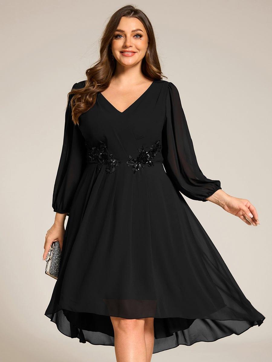 Plus Size Flowy Long Sleeves V-Neck Waist Applique Midi Chiffon Wedding Guest Dress #color_Black