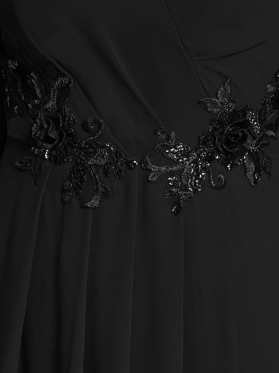 Long Sleeves Waist Applique A-Line Midi Chiffon Wedding Guest Dress #color_Black