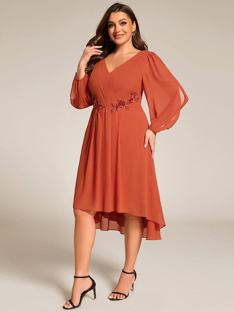 Elegant Long Sleeves Chiffon Midi Wedding Guest Dress with Applique