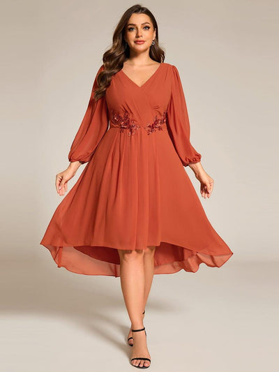 Plus Size Flowy Long Sleeves V-Neck Waist Applique Midi Chiffon Wedding Guest Dress #color_Burnt Orange