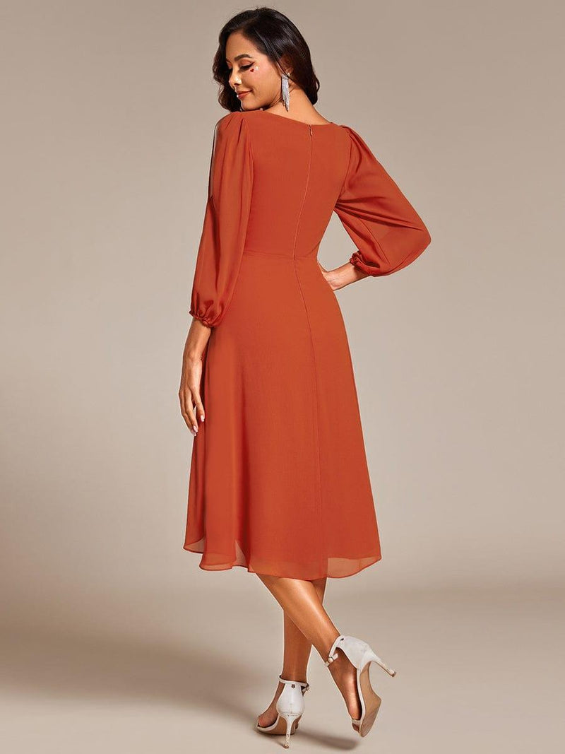 Elegant Long Sleeves Chiffon Midi Wedding Guest Dress with Applique