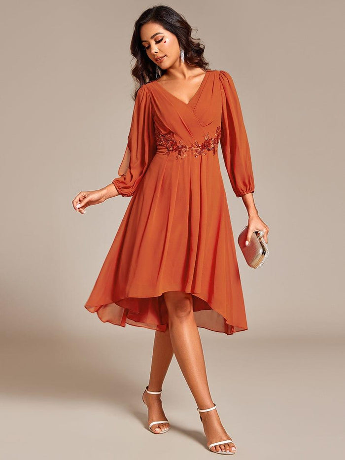 Elegant Long Sleeves Chiffon Midi Wedding Guest Dress with Applique