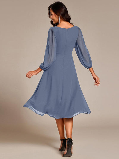 Long Sleeves Waist Applique A-Line Midi Chiffon Wedding Guest Dress #color_Dusty Blue