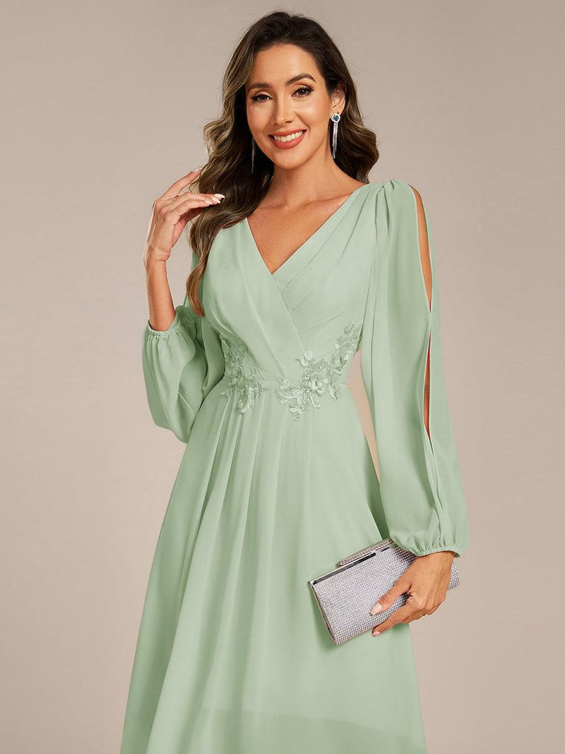 Elegant Long Sleeves Chiffon Midi Wedding Guest Dress with Applique