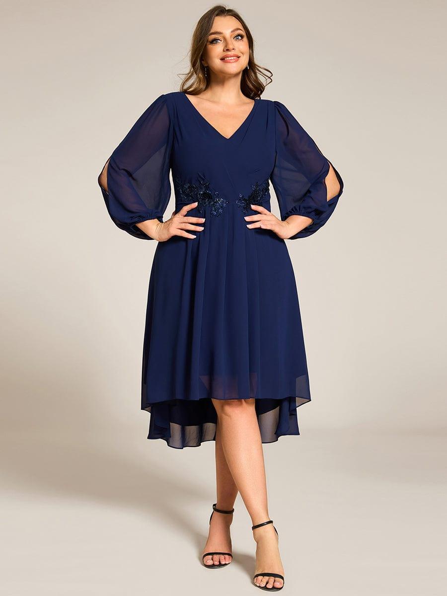 Plus Size Flowy Long Sleeves V-Neck Waist Applique Midi Chiffon Wedding Guest Dress #color_Navy Blue