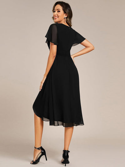 Short Sleeve Ruffled V-Neck Floral Printed Midi Wedding Guest Dress #color_Black
