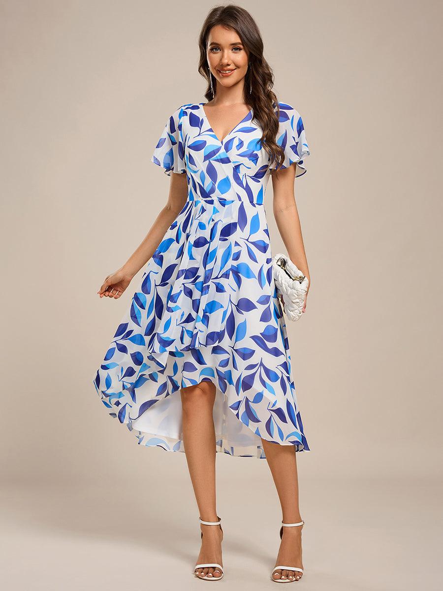 Short Sleeve Ruffled V-Neck Floral Printed Midi Wedding Guest Dress #color_Blue Floral