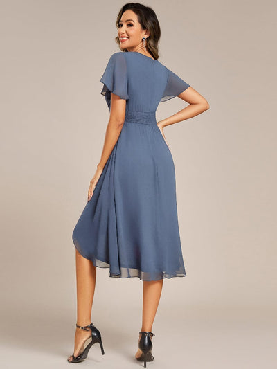Short Sleeve Ruffled V-Neck Floral Printed Midi Wedding Guest Dress #color_Dusty Blue