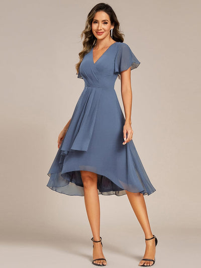 Short Sleeve Ruffled V-Neck Floral Printed Midi Wedding Guest Dress #color_Dusty Blue