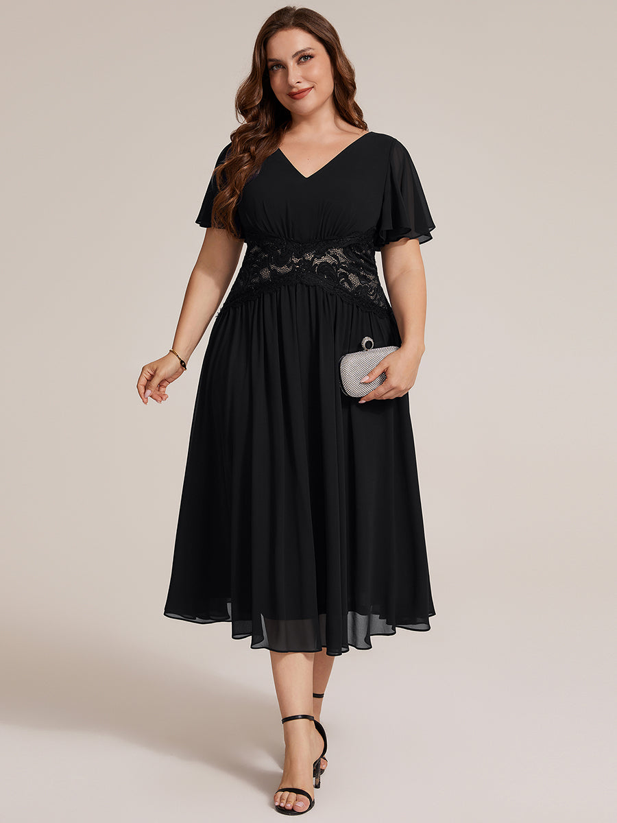Plus Size Ruffle Lace Waist Wedding Guest Dress #color_Black