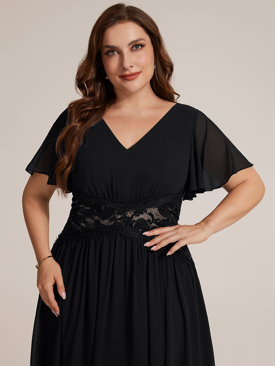 Chiffon Ruffle Sleeve Lace A-Line Wedding Guest Dress #color_Black