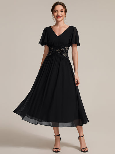 Chiffon Ruffle Sleeve Lace A-Line Wedding Guest Dress