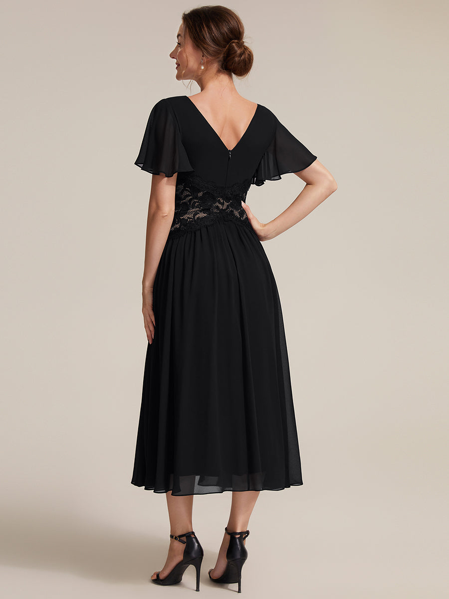 Chiffon Ruffle Sleeve Lace A-Line Wedding Guest Dress #color_Black