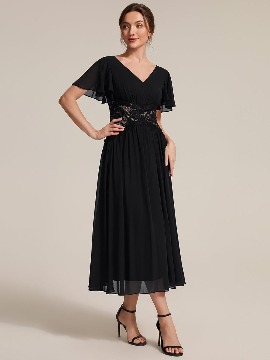 Chiffon Ruffle Sleeve Lace A-Line Wedding Guest Dress #color_Black