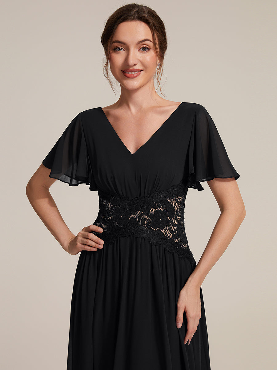 Chiffon Ruffle Sleeve Lace A-Line Wedding Guest Dress #color_Black