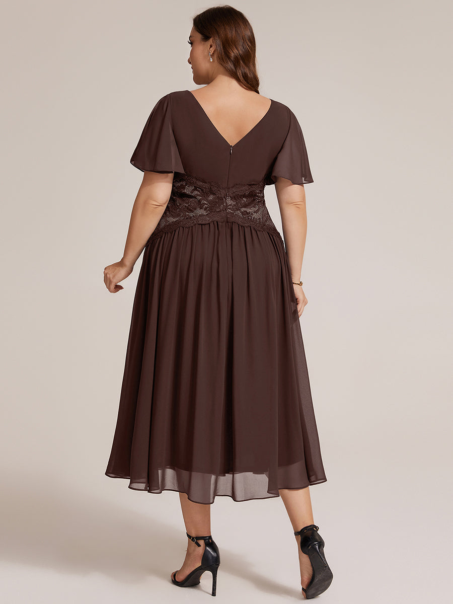 Chiffon Ruffle Sleeve Lace A-Line Wedding Guest Dress #color_Chocolate Brown