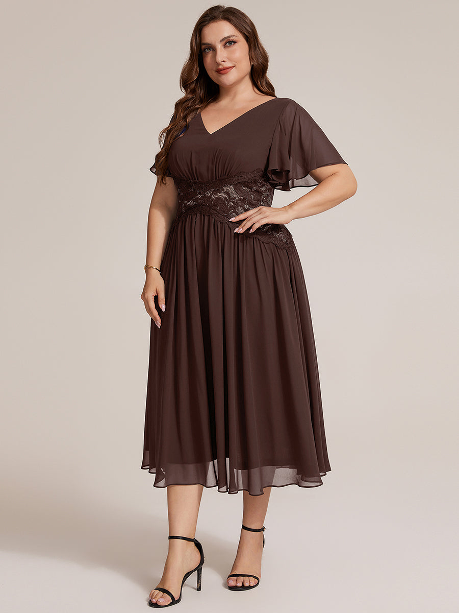 Plus Size Ruffle Lace Waist Wedding Guest Dress #color_Chocolate Brown