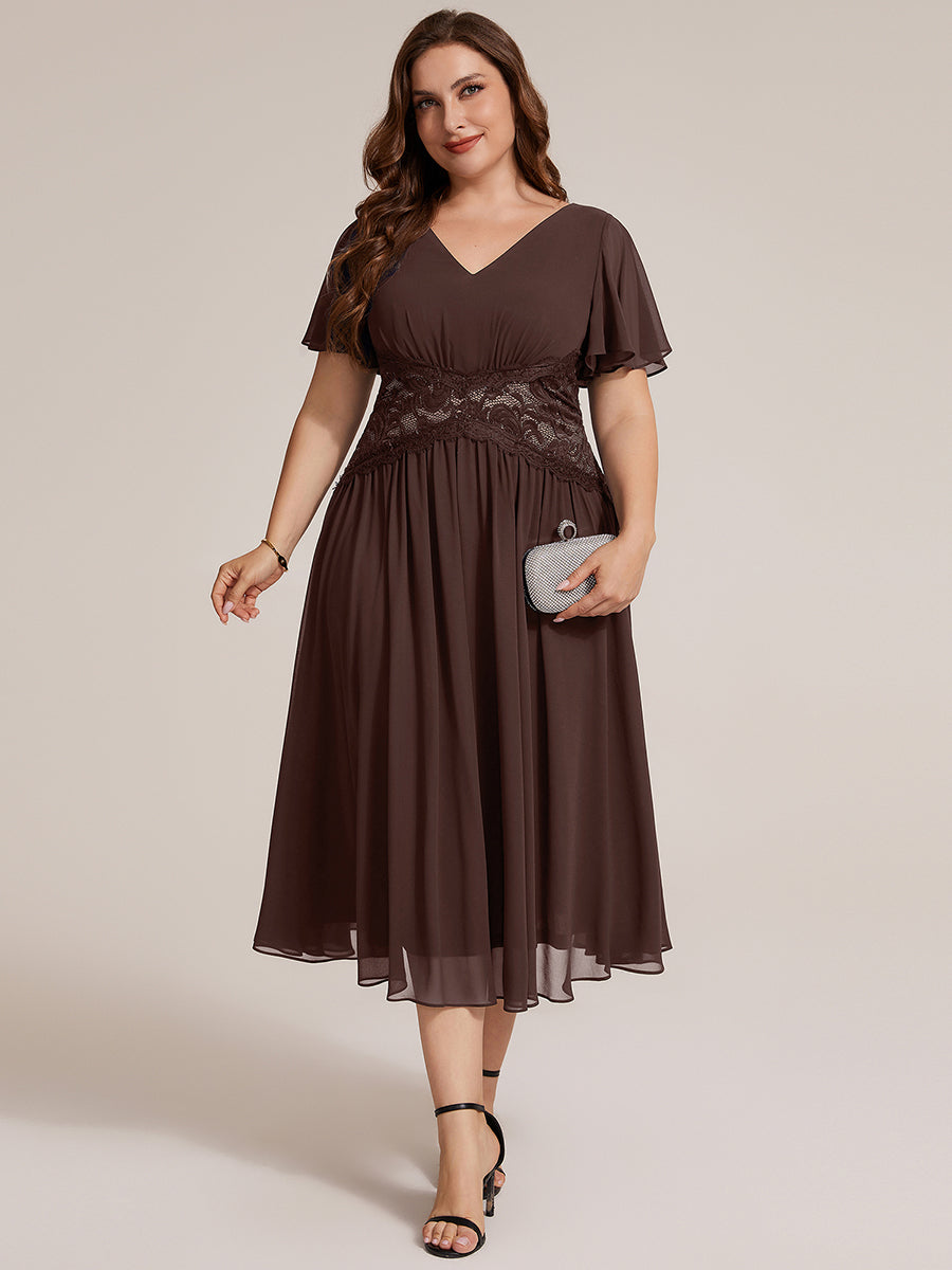 Chiffon Ruffle Sleeve Lace A-Line Wedding Guest Dress #color_Chocolate Brown