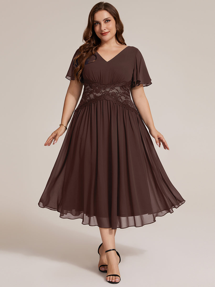 Plus Size Ruffle Lace Waist Wedding Guest Dress #color_Chocolate Brown