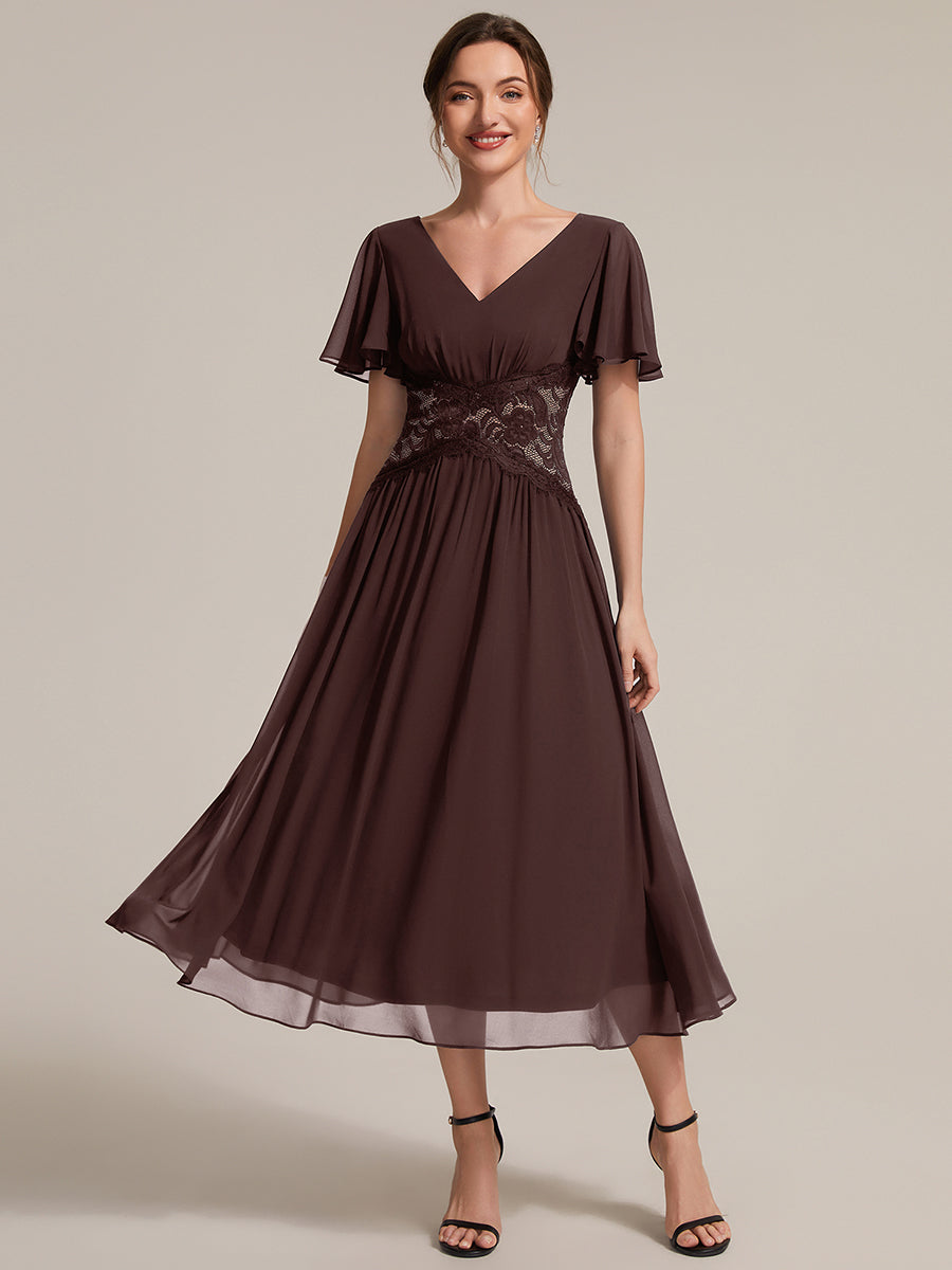 Chiffon Ruffle Sleeve Lace A-Line Wedding Guest Dress #color_Chocolate Brown