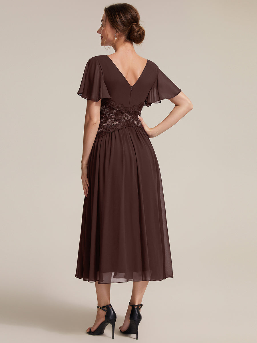Chiffon Ruffle Sleeve Lace A-Line Wedding Guest Dress #color_Chocolate Brown