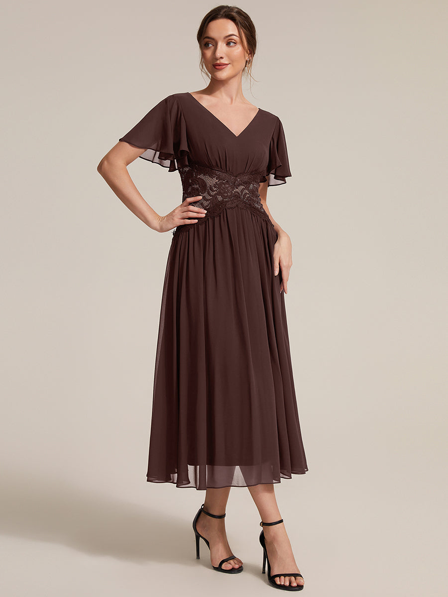 Chiffon Ruffle Sleeve Lace A-Line Wedding Guest Dress #color_Chocolate Brown