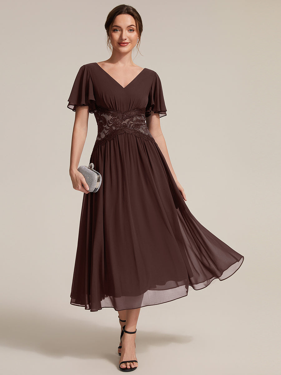 Chiffon Ruffle Sleeve Lace A-Line Wedding Guest Dress #color_Chocolate Brown