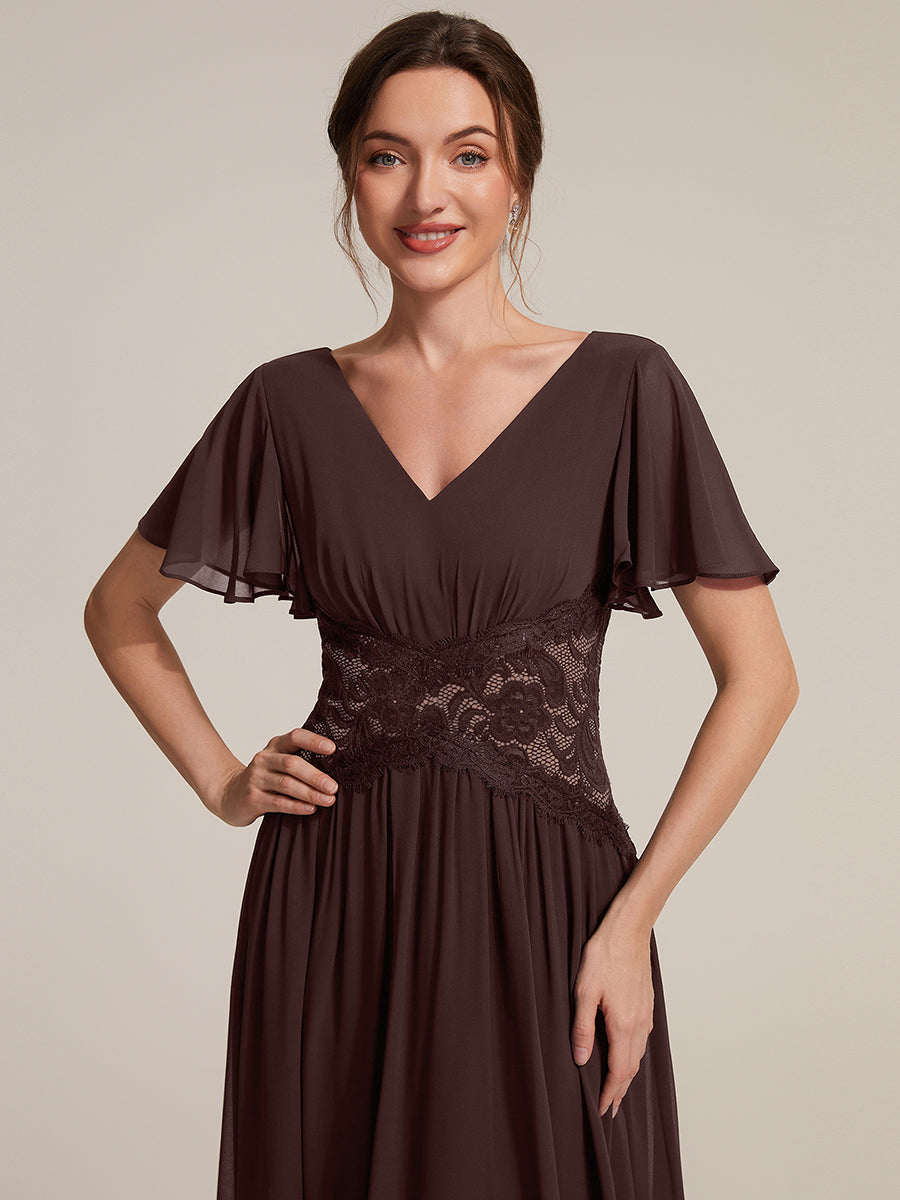 Chiffon Ruffle Sleeve Lace A-Line Wedding Guest Dress #color_Chocolate Brown