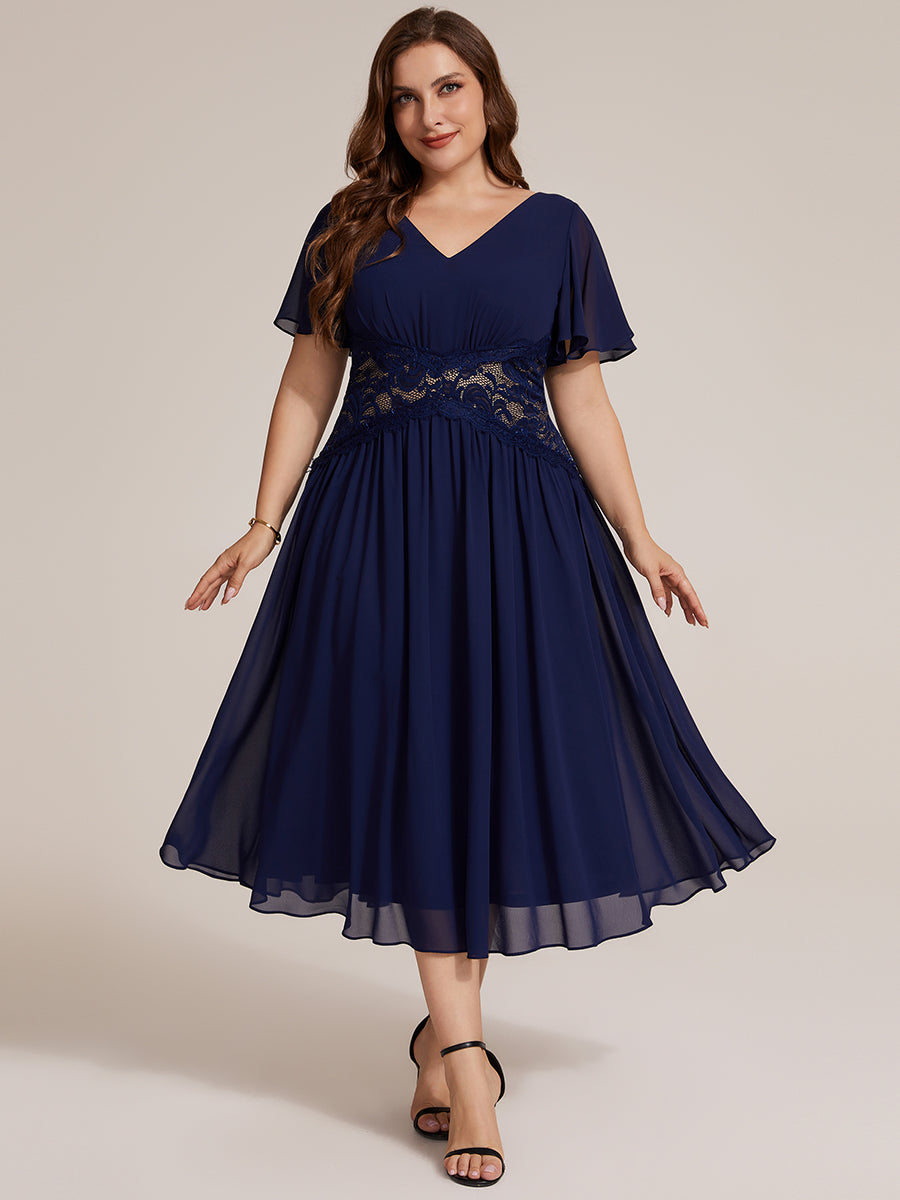 Chiffon Ruffle Sleeve Lace A-Line Wedding Guest Dress #color_Navy Blue