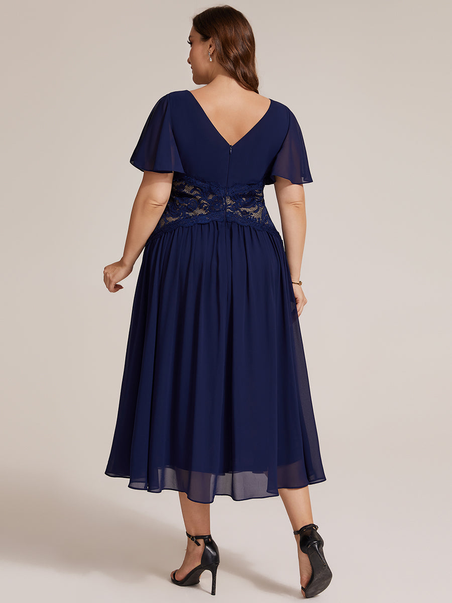 Chiffon Ruffle Sleeve Lace A-Line Wedding Guest Dress #color_Navy Blue