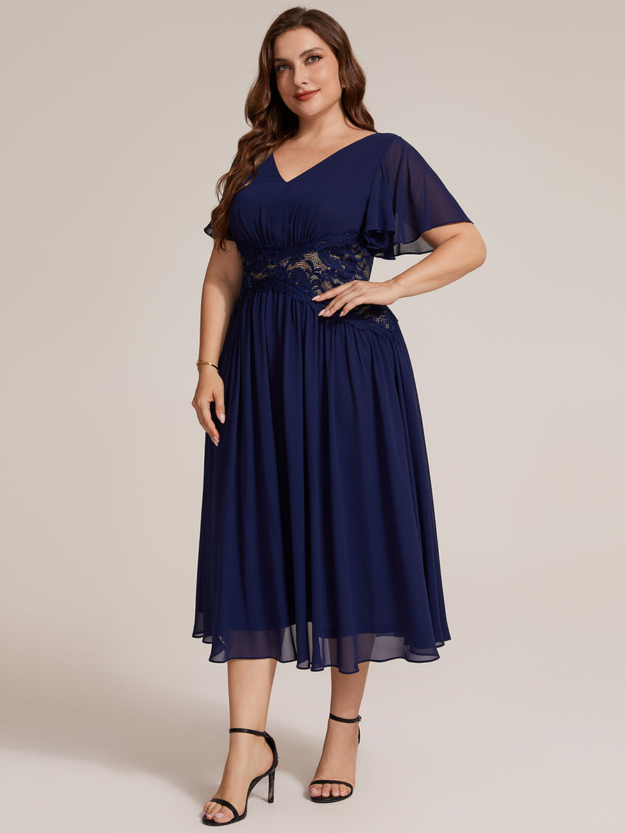 Chiffon Ruffle Sleeve Lace A-Line Wedding Guest Dress #color_Navy Blue