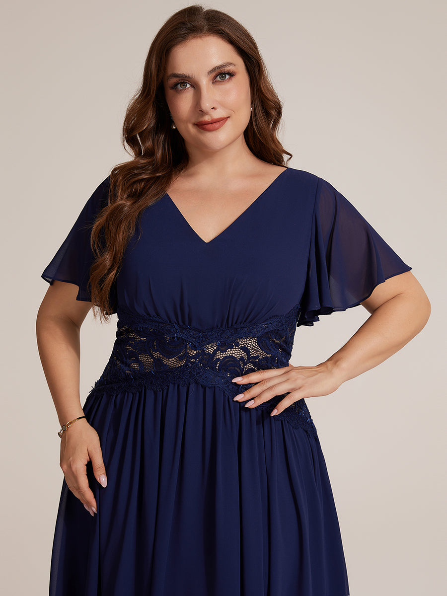 Plus Size Ruffle Lace Waist Wedding Guest Dress #color_Navy Blue