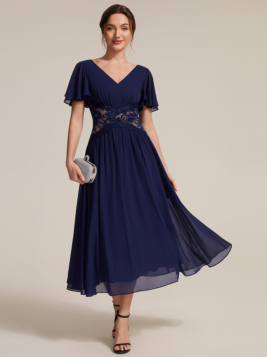 Chiffon Ruffle Sleeve Lace A-Line Wedding Guest Dress #color_Navy Blue