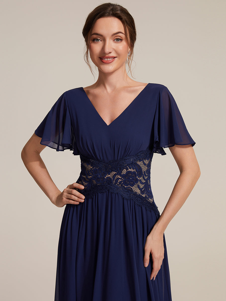 Chiffon Ruffle Sleeve Lace A-Line Wedding Guest Dress #color_Navy Blue