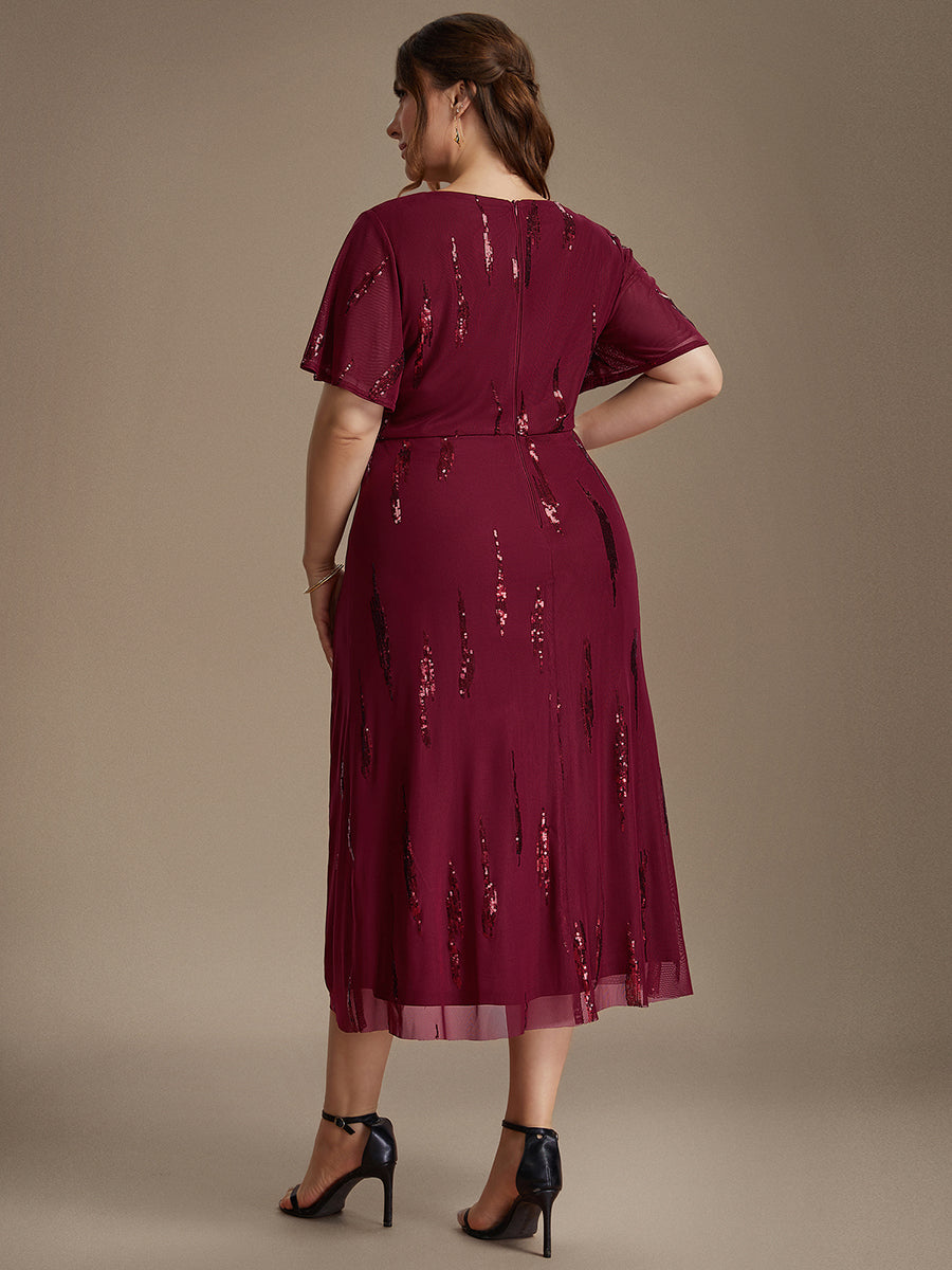 Sequin Tulle Ruffle Sleeve Wedding Guest Dress #color_Burgundy