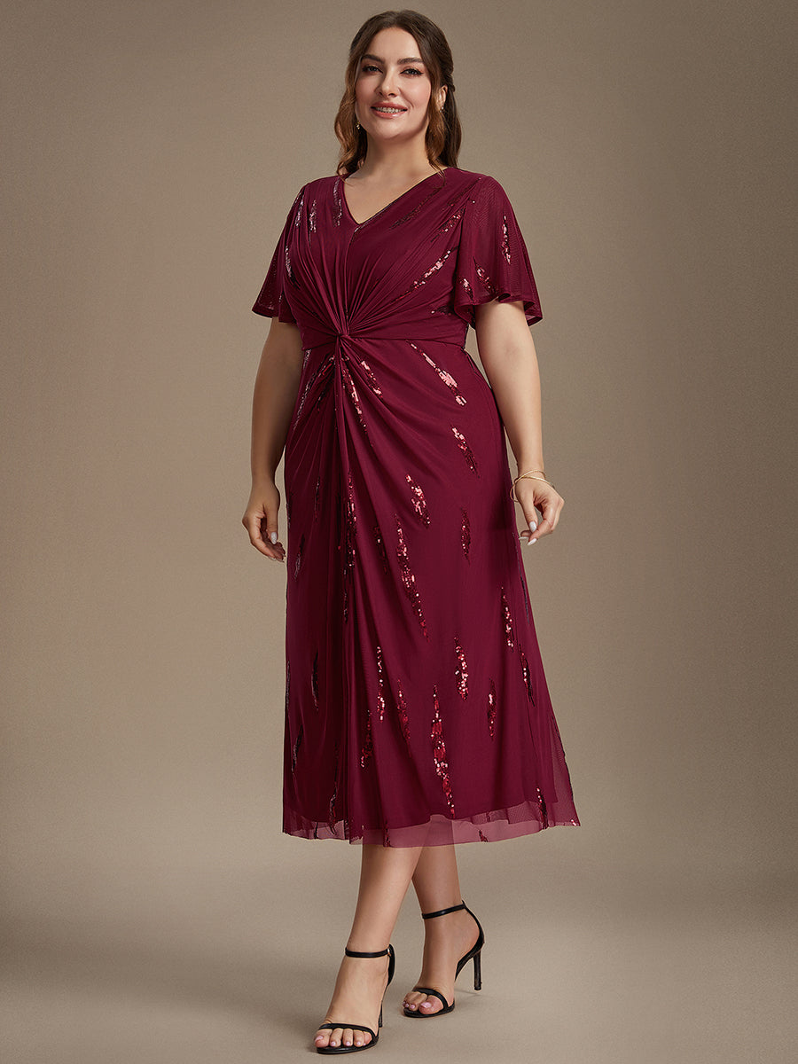Sequin Tulle Ruffle Sleeve Wedding Guest Dress #color_Burgundy